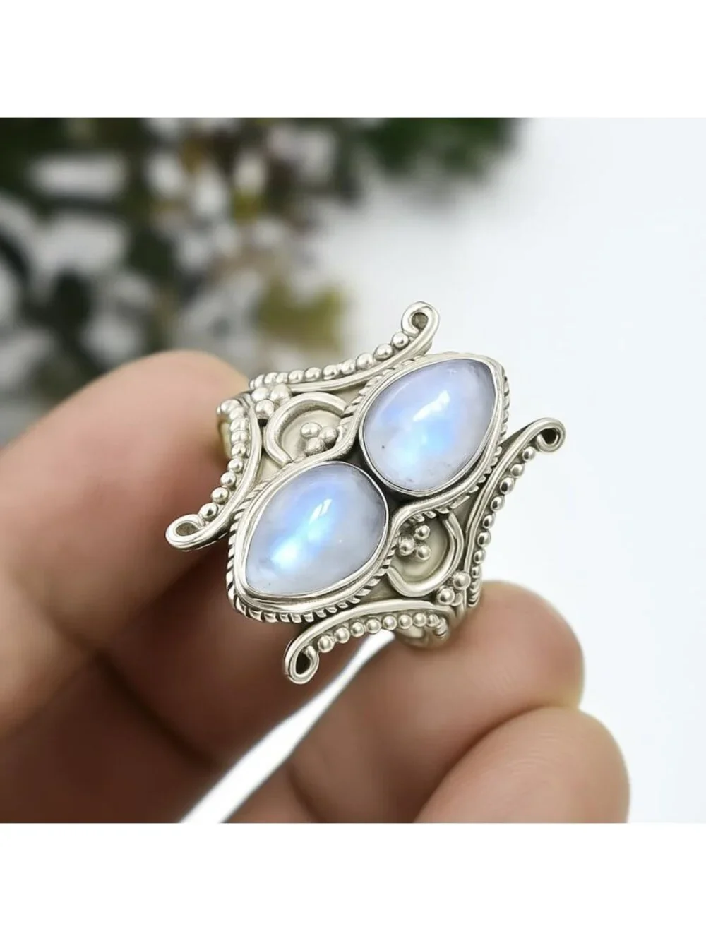 Bohemian Vintage 925 Sterling Silver Double Pear Cabochon Statement Ring
